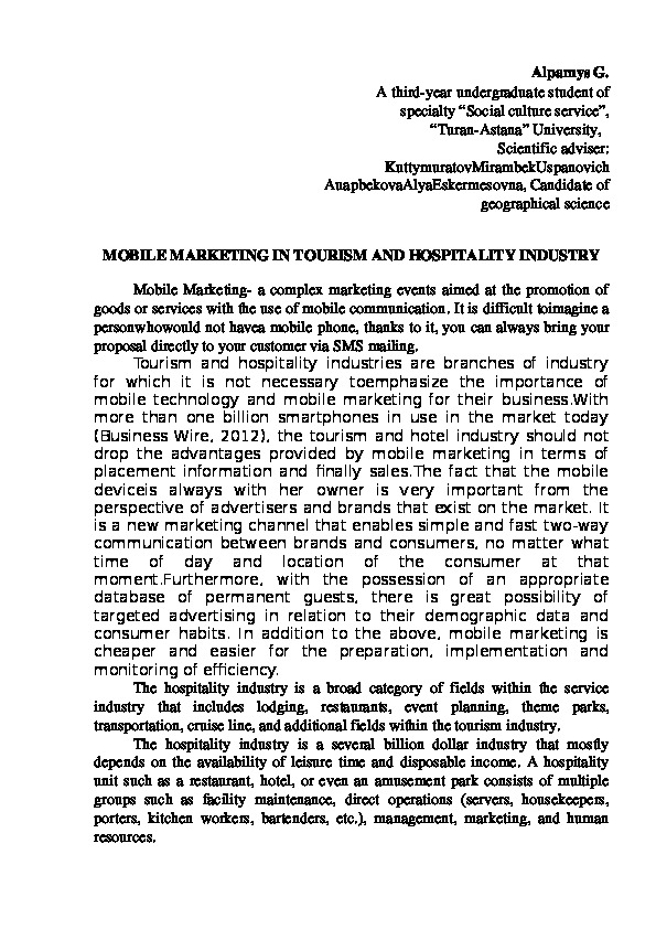 MOBILE MARKETING IN TOURISM AND HOSPITALITY INDUSTRY