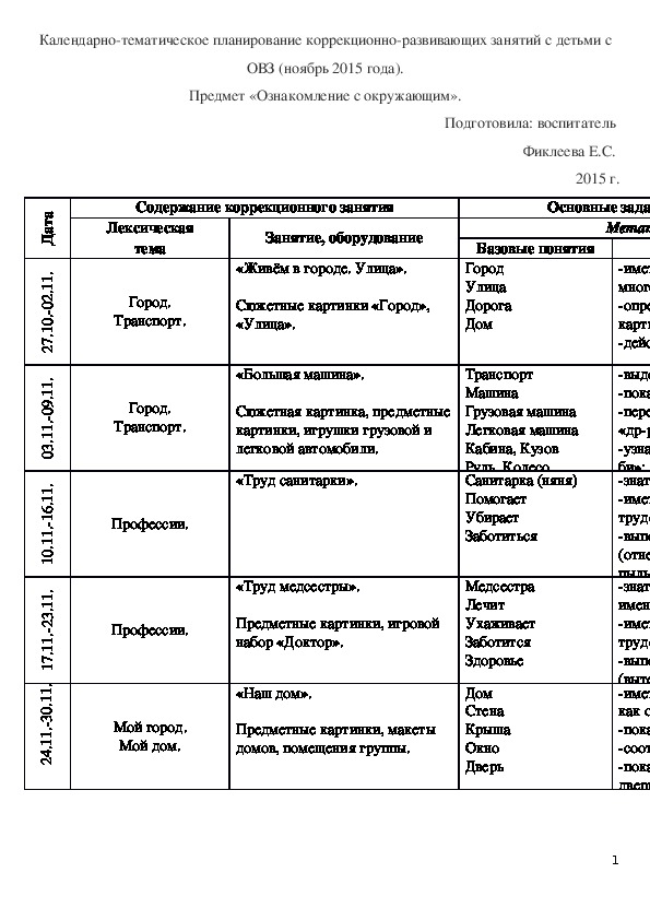 Календарно тематический план для детей с овз