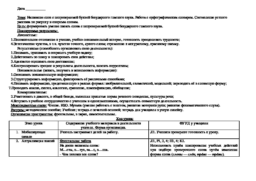 Конспект урока по русскому языку "Написание слов с непроверяемой буквой безударного гласного звука."(1 класс)