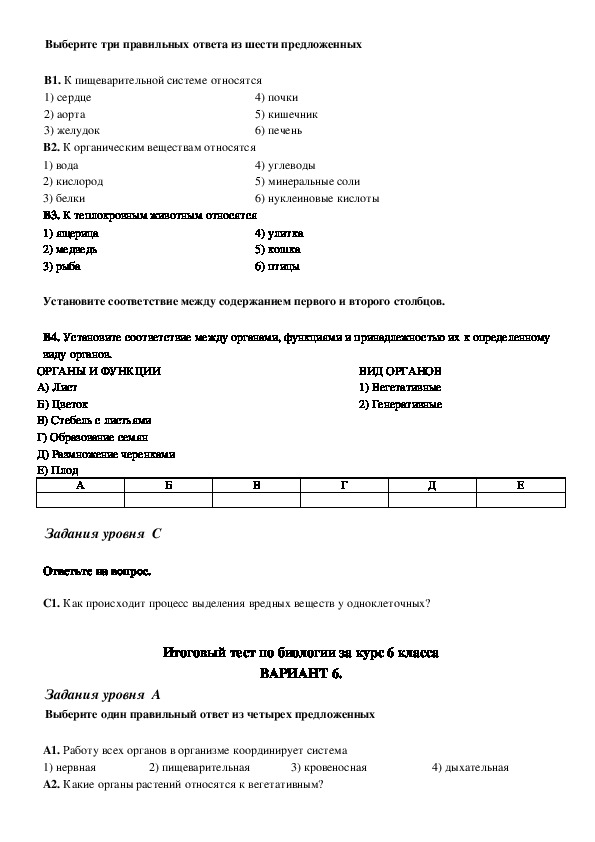 Контрольная работа шестого класса по биологии