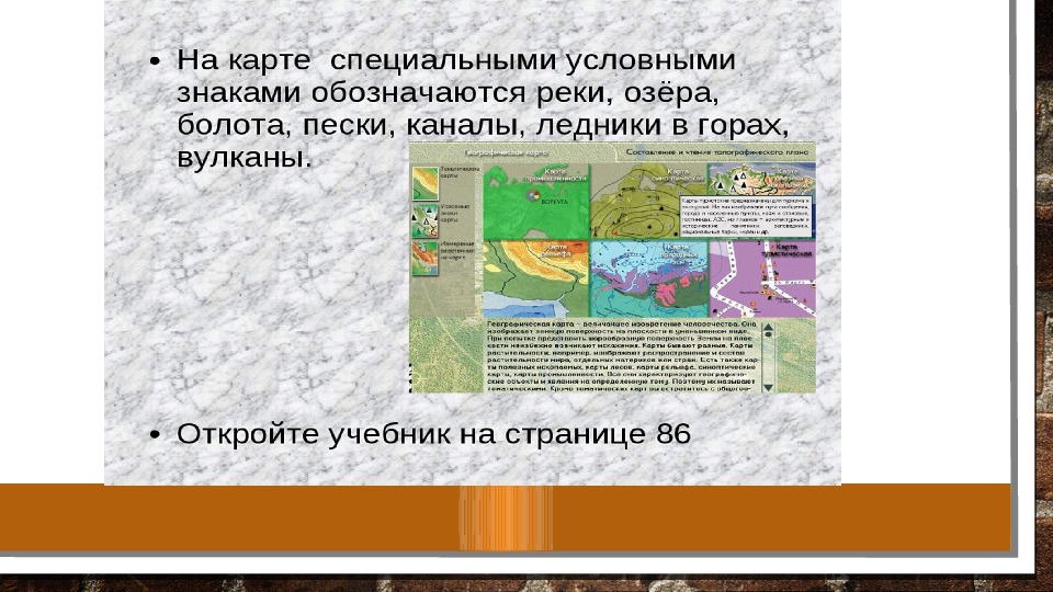 Вид условных знаков к которому относятся изображения на карте озеро болото пески