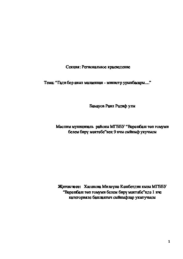 Тема: “Гади бер авыл малаеннан - министр урынбасары....”