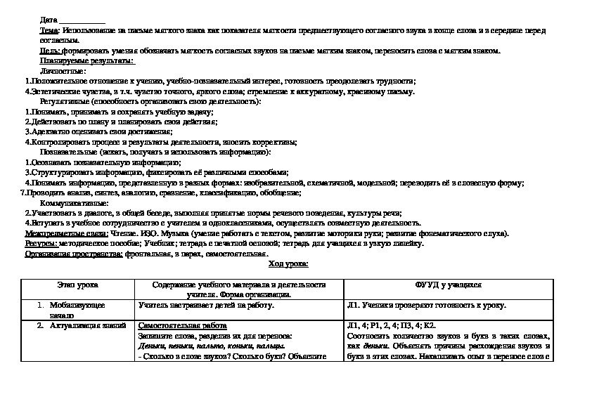 Конспект урока по русскому языку "Использование на письме мягкого знака как показателя мягкости предшествующего согласного звука в конце слова и в середине перед согласным"(1 класс)