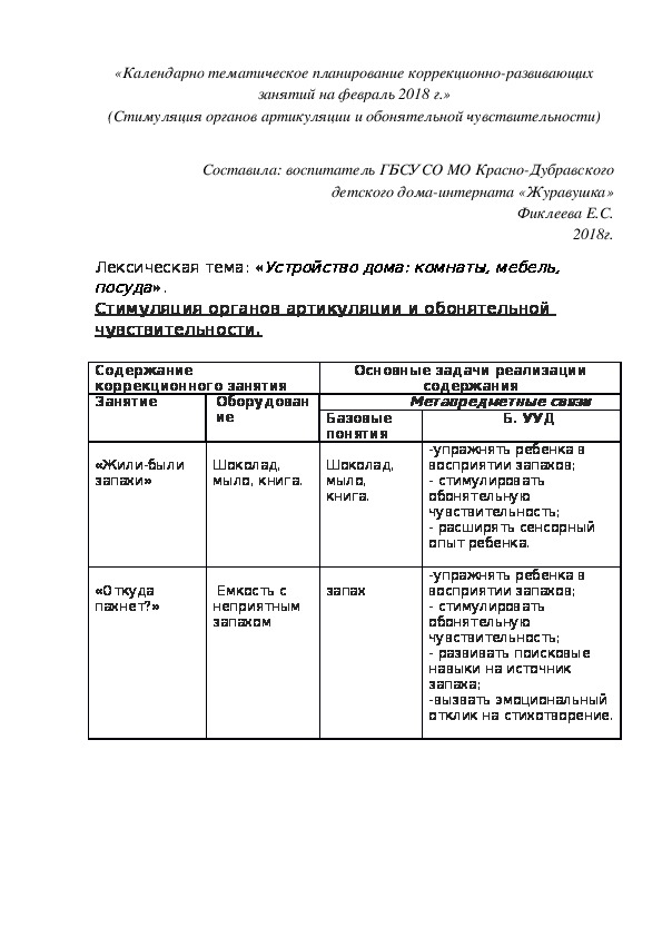 «Календарно¬ тематическое планирование коррекционно¬-развивающих занятий на февраль 2018 г.» (Стимуляция органов артикуляции и обонятельной чувствительности)