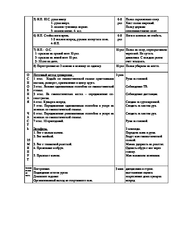 План конспект по гимнастике для студентов