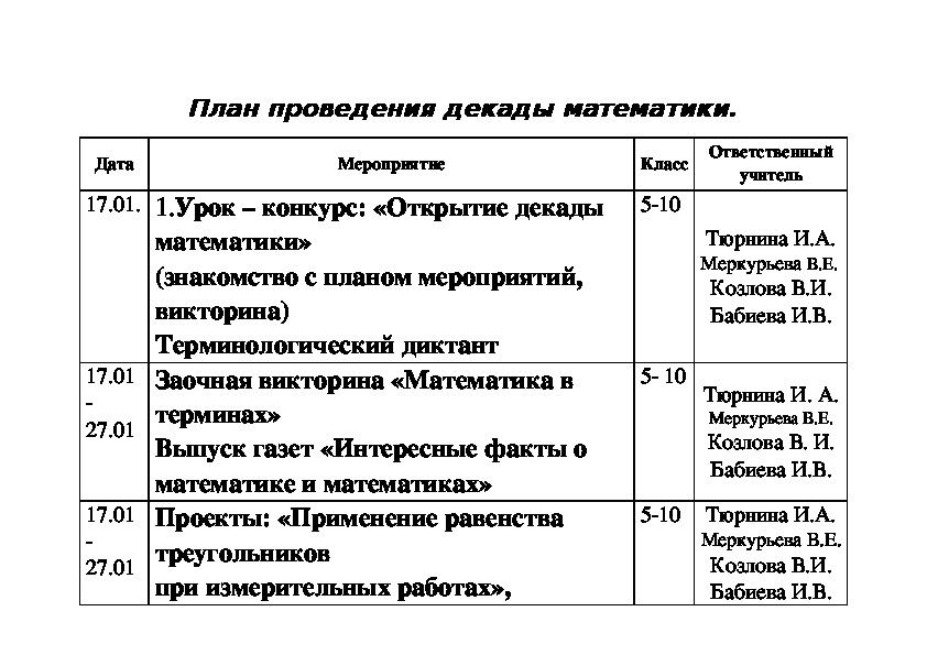 План декады математики