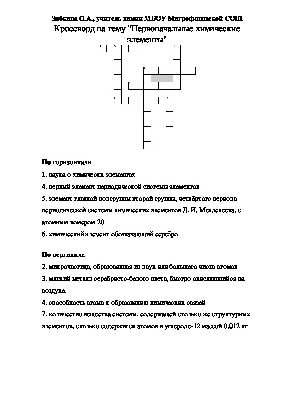 Обложка для материала Кроссворд на тему "Первоначальные химические элементы"