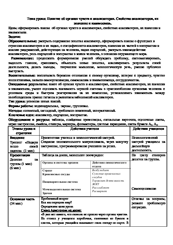 Урок биологии "Понятие об органах чувств и анализаторах." (8 класс)