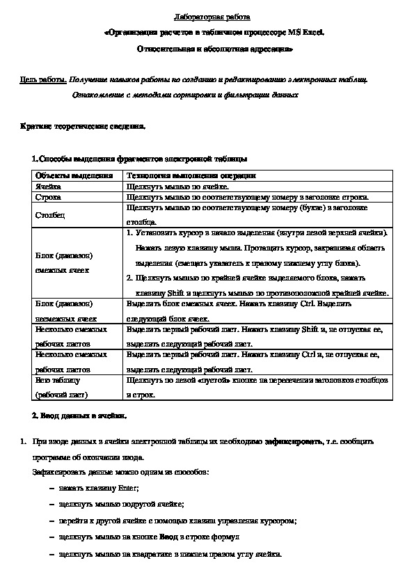 Организация расчетов в табличном процессоре MS Excel.  Относительная и абсолютная адресация