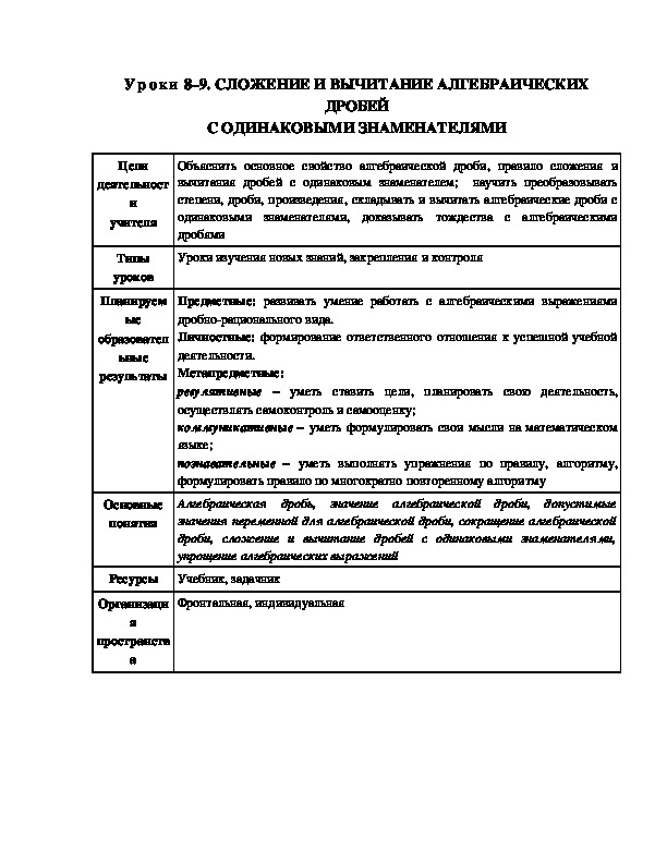 Урок на тему Сложение и вычитание алгебраических дробей с одинаковыми знаменателями