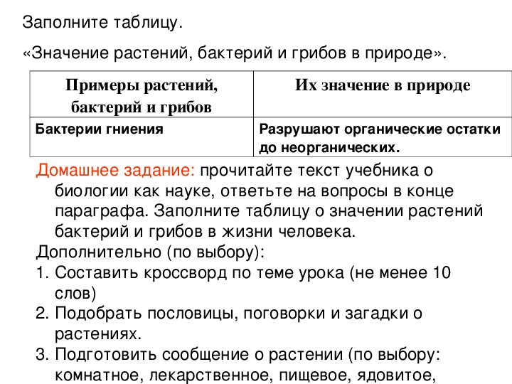 Таблица по биологии значение бактерий