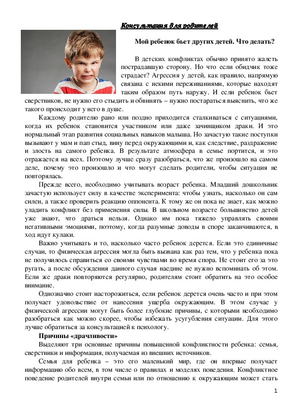 Обложка для материала Консультация для родителей - Мой ребенок бьет других детей. Что делать?