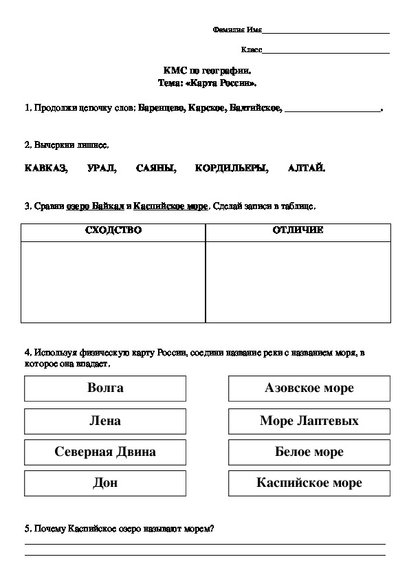 Контрольно-методический срез по географии на тему "Карта России" (6 класс, школа VIII вида)