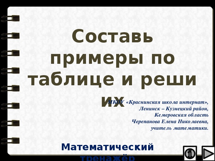 Обложка для материала Презентация по математике "Составь примеры по таблице и реши их.  Математический тренажёр"