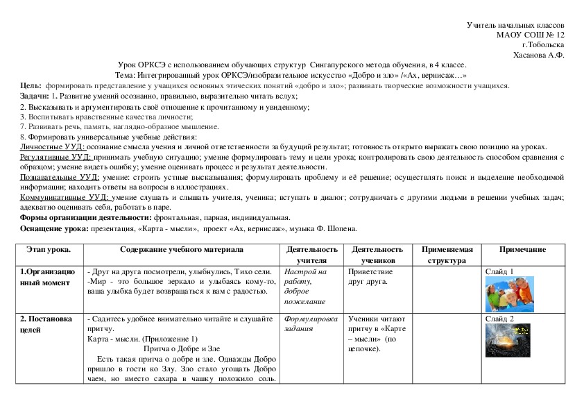 Урок ОРКСЭ с использованием обучающих структур  Сингапурского метода обучения, в 4 классе. Тема: Интегрированный урок ОРКСЭ/изобразительное искусство «Добро и зло» /«Ах, вернисаж…»