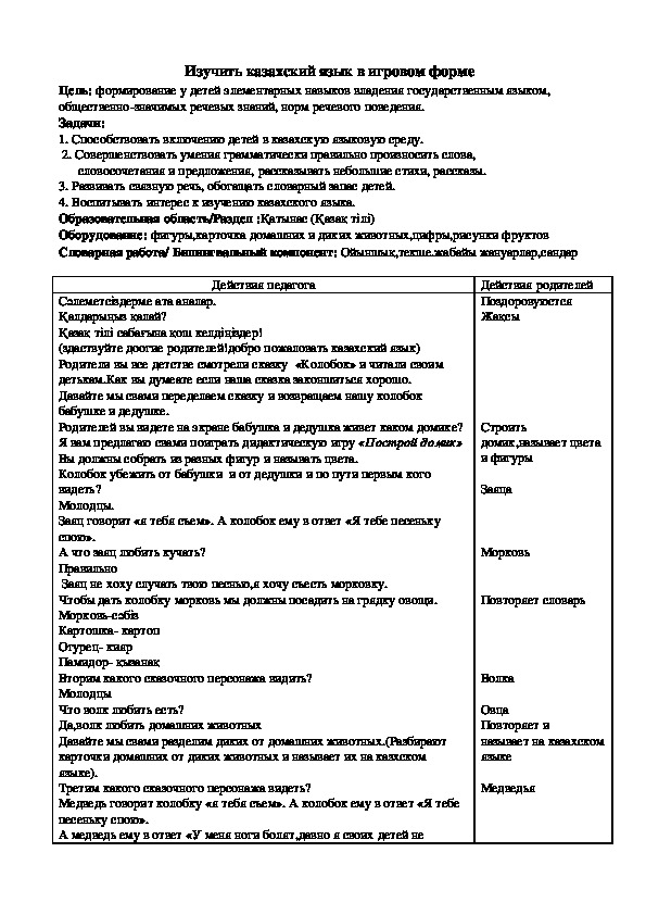 Технологическая карта "Изучение казахского языка с помощью игры" занятия с родителями