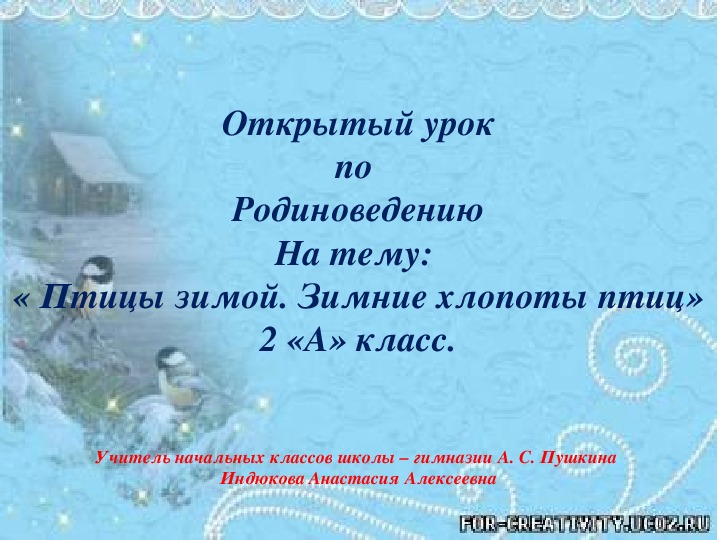 Обложка для материала открытый урок с презентацией по окружающему миру на тему: " Птицы зимой. Зимние хлопоты птиц". ( 2  класс)