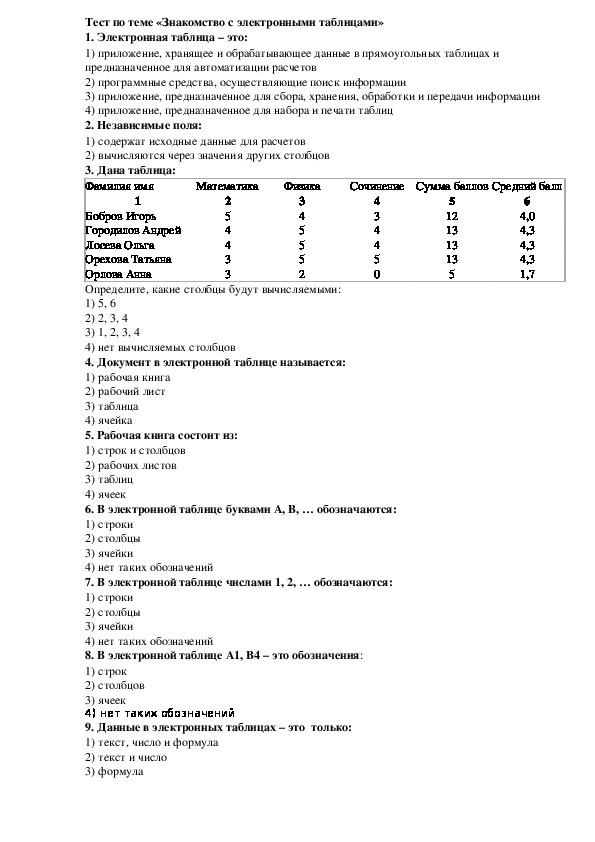 Тест по информатике 9 класс электронные таблицы. Электронная таблица это тест. Тест с вариантами ответов на тему электронные таблицы.