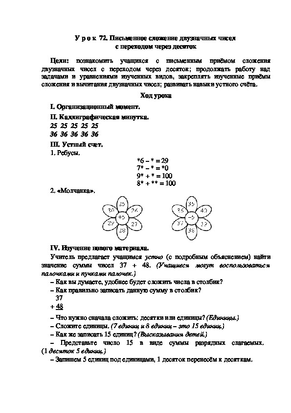 Конспект урока по математике "Письменное сложение двузначных чисел  с переходом через десяток"(2 класс)