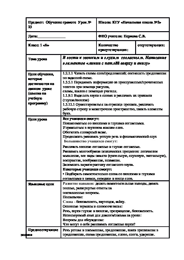 Конспект урока обучения грамоте. Тема "В гости к звонким и глухим  согласным. Написание элементов «линии с петлёй вверху и внизу»