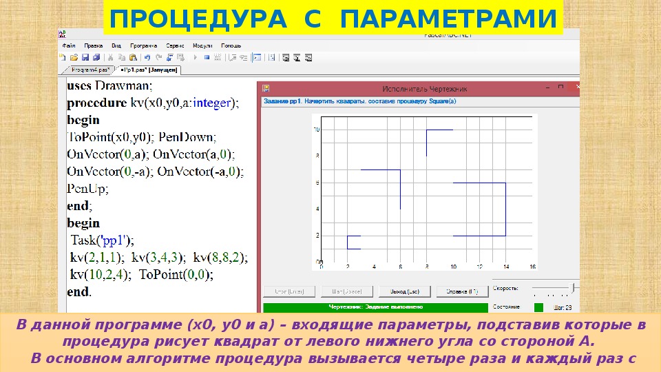 Опишите исполнителя чертежник по плану