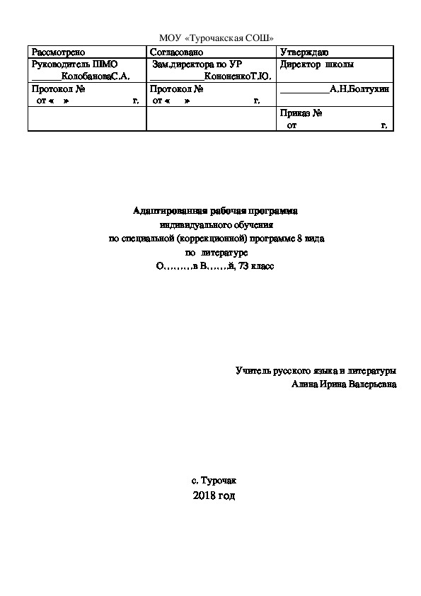 Адаптированная рабочая программа  индивидуального обучения по специальной (коррекционной) программе 8 вида по литературе 7 класс