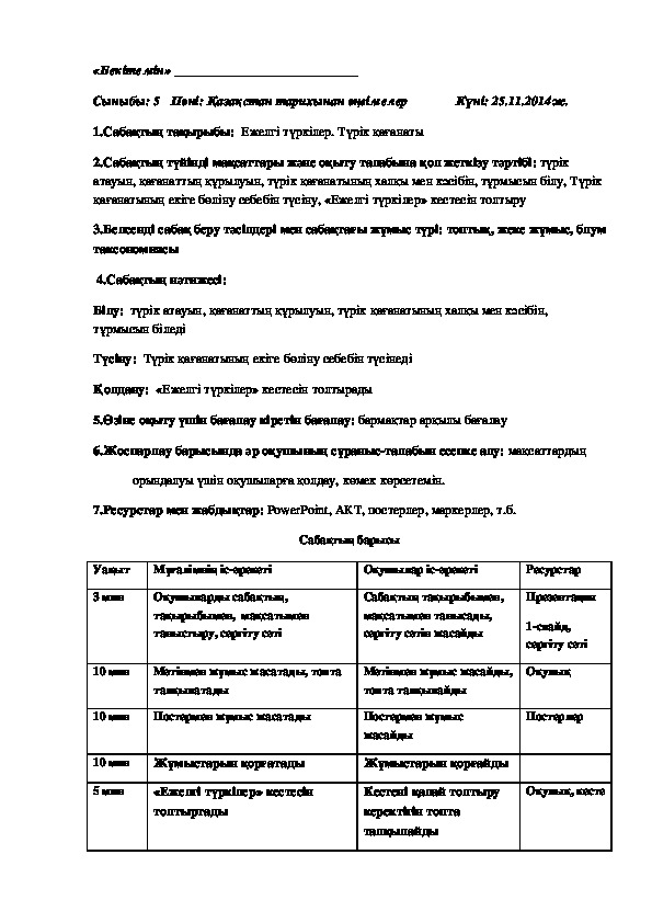 Разработка урока на тему: "Ежелгі түркілер. Түрік қағанаты"