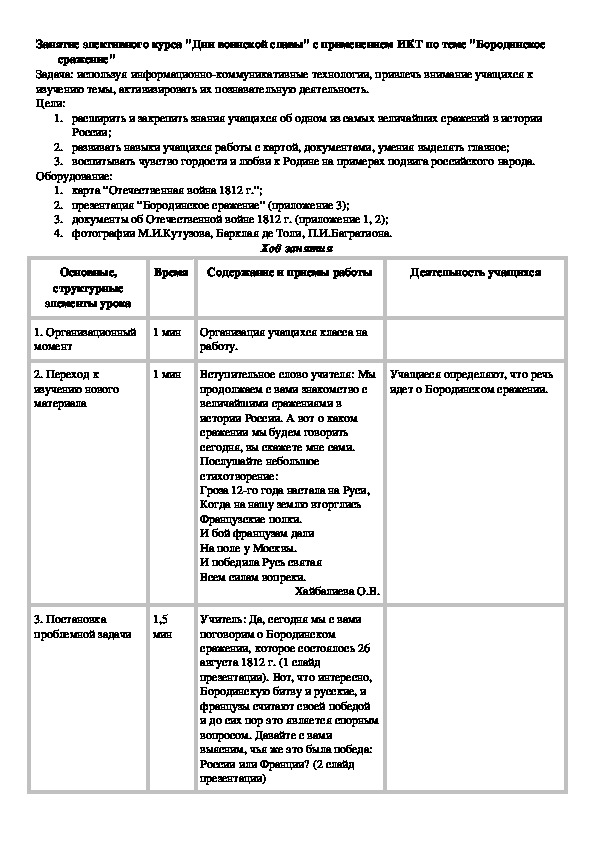 Обложка для материала Занятие элективного курса "Дни воинской славы" с применением ИКТ по теме "Бородинское сражение"