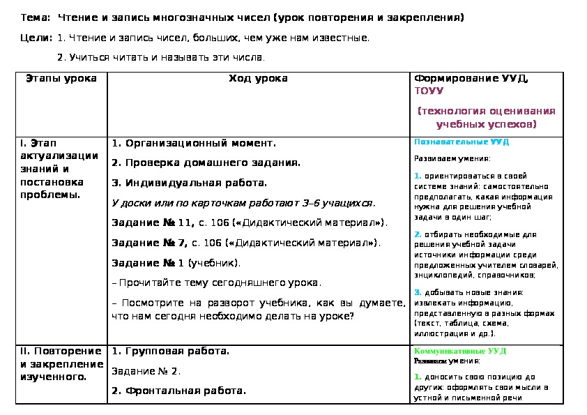 Конспект урока по математике на тему "Чтение и запись многозначных чисел"