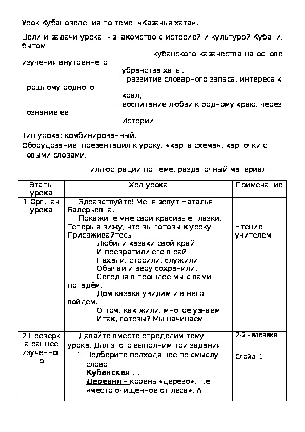 Конспект урока " Казачья хата"