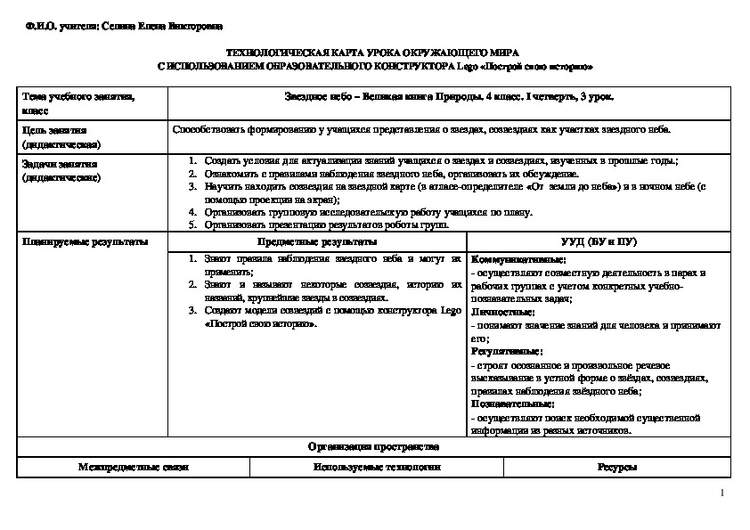 ТЕХНОЛОГИЧЕСКАЯ КАРТА УРОКА ОКРУЖАЮЩЕГО МИРА С ИСПОЛЬЗОВАНИЕМ Lego
