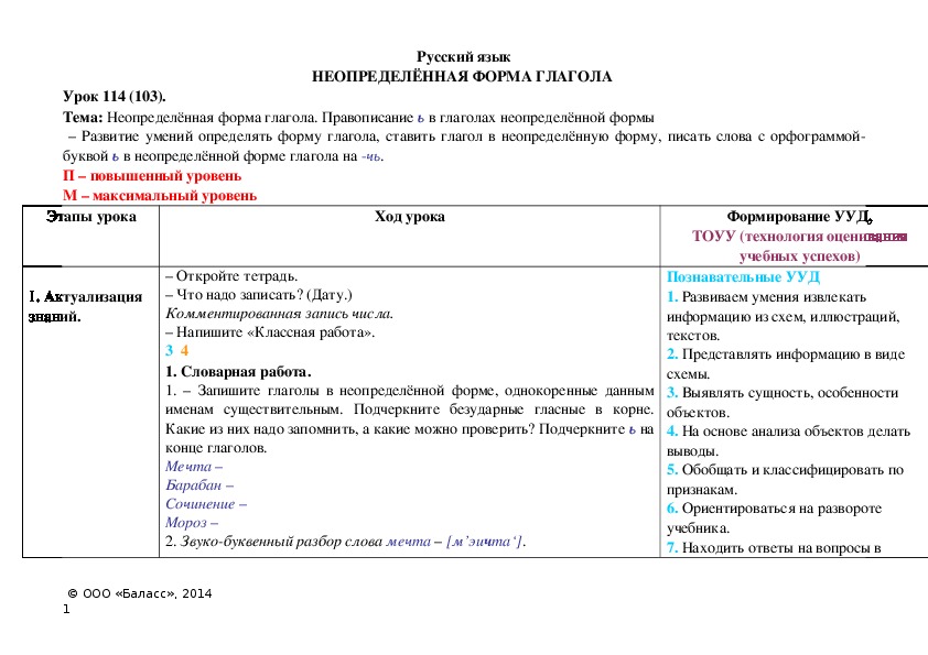 Неопределенная форма глагола 3 класс технологическая карта урока