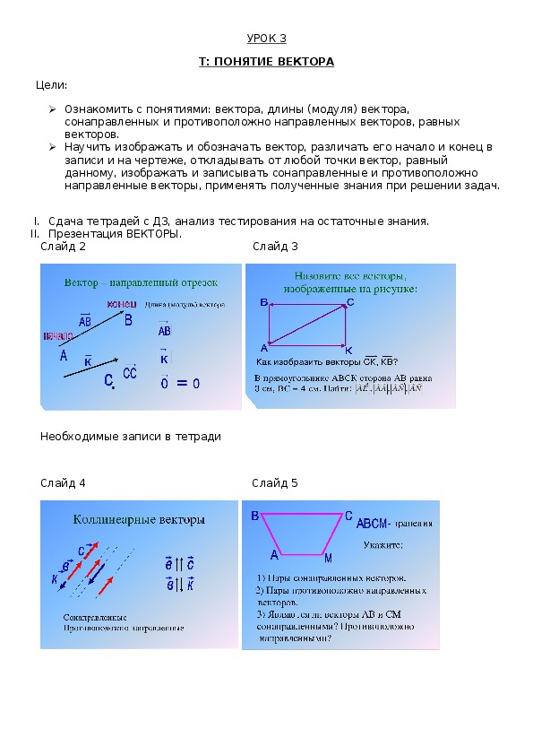 Конспект урока по теме "Понятие вектора" (9 класс, геометрия)