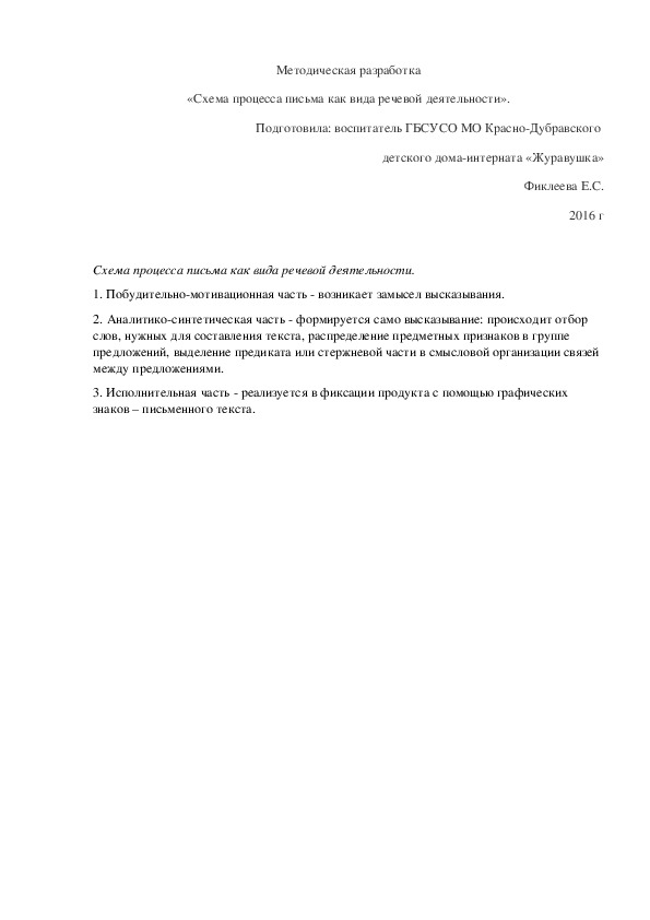 Методическая разработка «Схема процесса письма как вида речевой деятельности».