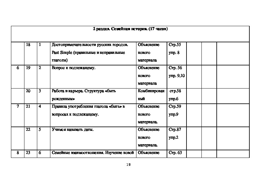 Тематический план по английскому языку 4 класс