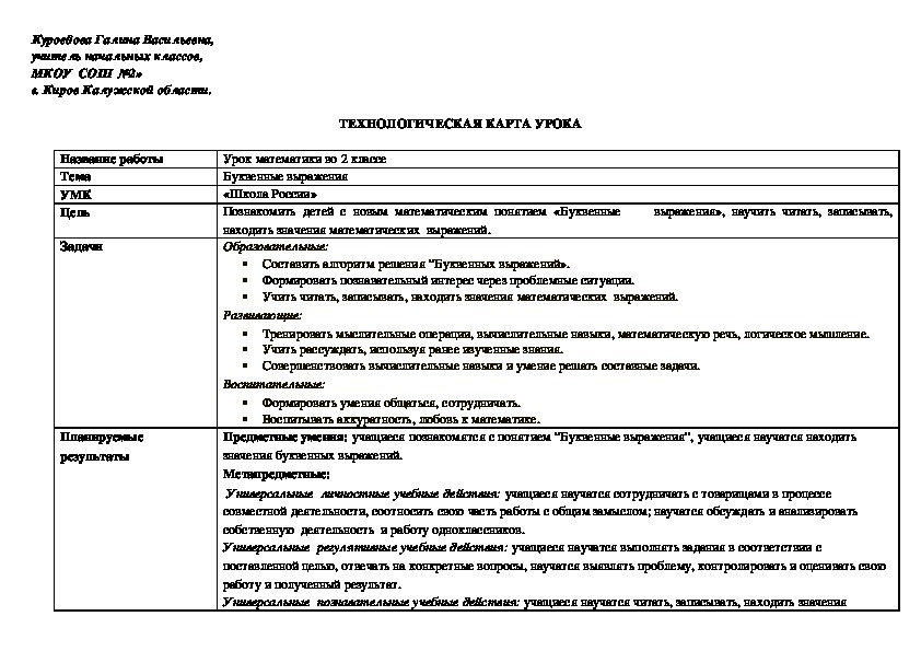 Технологическая карта урока буквенные выражения 2 класс