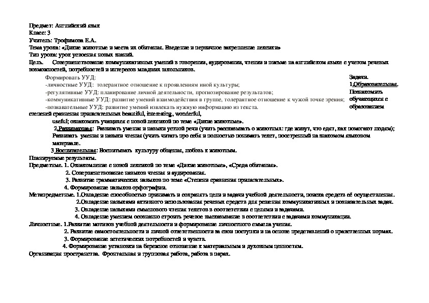 Конспект урока по английскому языку