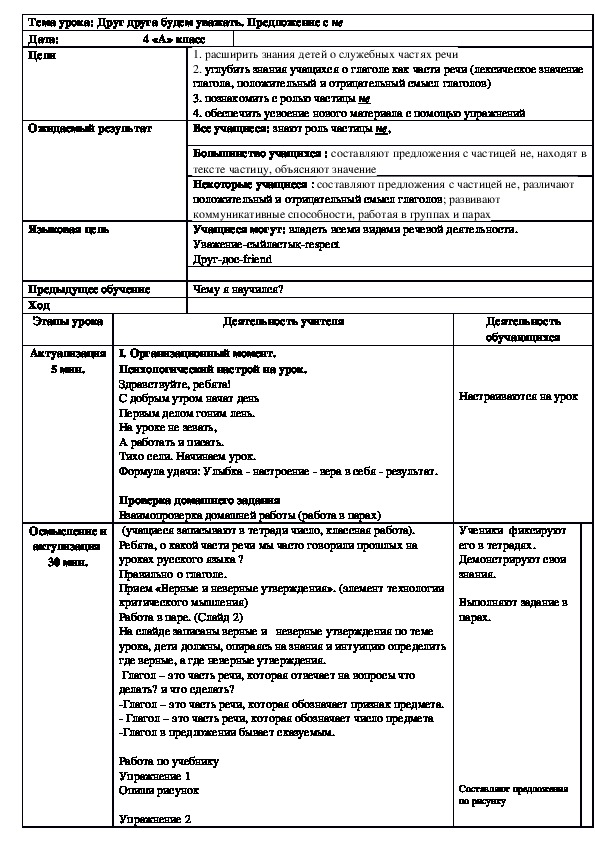 Обложка для материала Тема урока: Друг друга будем уважать. Предложение с не Дата:                            4 «А» класс
