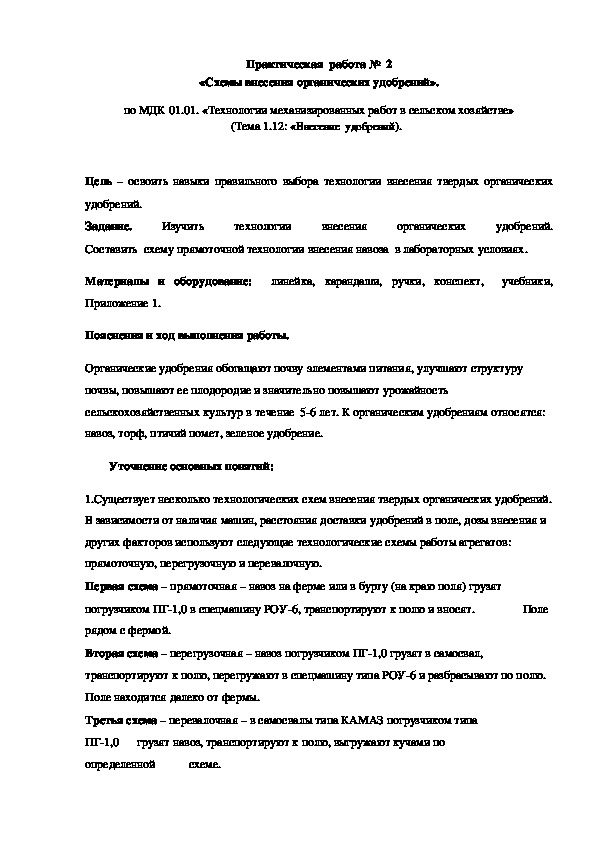 Практическая  работа №  2                                                                                                                       «Схемы внесения органических удобрений».