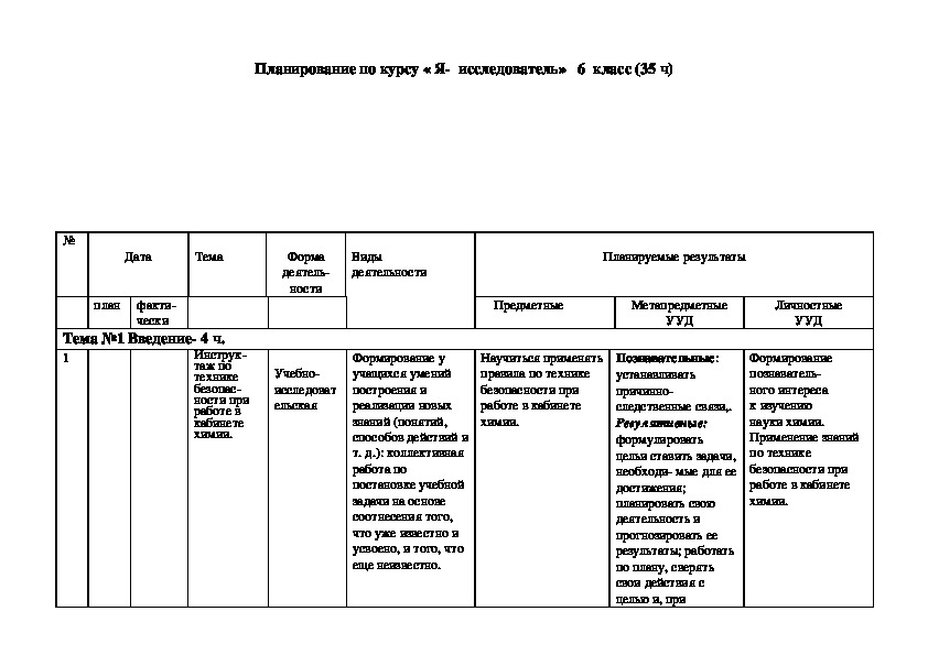 Тематическое планирование по курсу "Я-исследователь"( 6 класс).