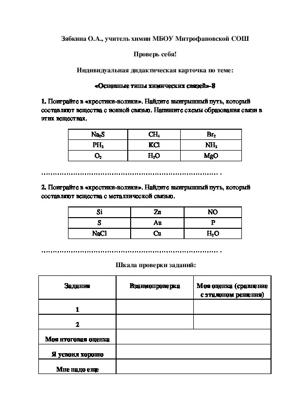 Обложка для материала Проверь себя! Индивидуальная дидактическая карточка по теме: «Основные типы химических связей»-8