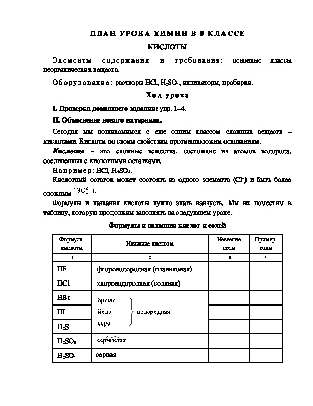 ПЛАН УРОКА ХИМИИ В 8 КЛАССЕ КИСЛОТЫ