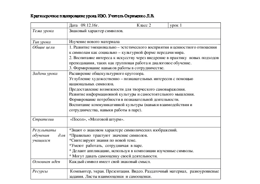 Разработка урока ИЗО на тему "Знаковый характер символов" (2 класс)