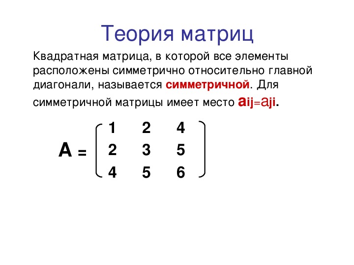 Элемент матрицы aij. Определитель симметрической матрицы. Единичная матрица 3 порядка.