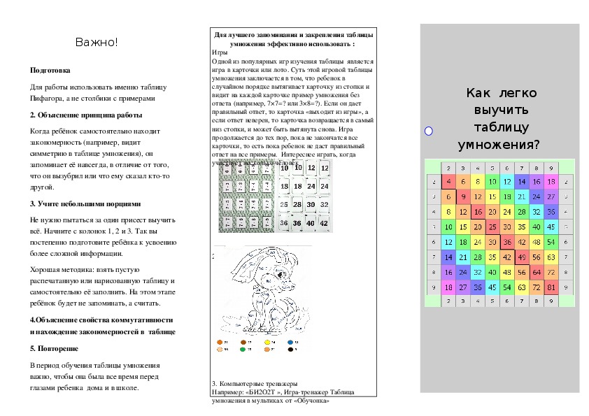 Буклет: "Как легко запомнить таблицу умножения"