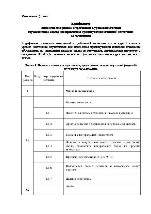 Материалы для промежуточной (годовой аттестации) по математике 5 класс