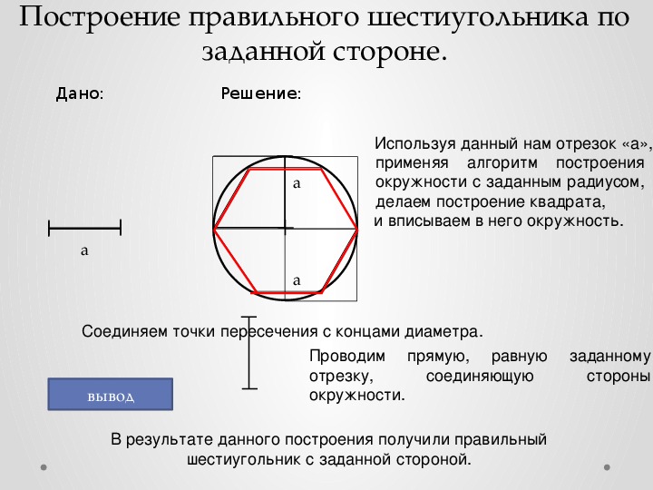 Изобразите правильный шестиугольник. Построение правильного шестиугольника вписанного в окружность. Как начертить правильный шестиугольник.