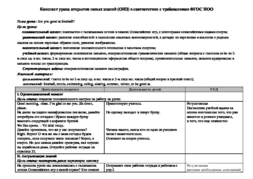 Обложка для материала Конспект урока по английскому языку на тему "Спорт" (2 класс)