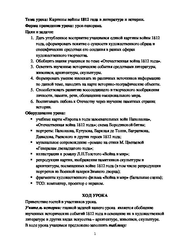 Бинарный урок на тему: Картины войны 1812 года в литературе и истории.