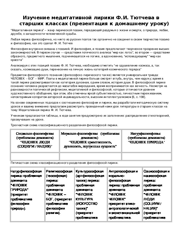 Обложка для материала Изучение медитативной лирики Ф.И. Тютчева в старших классах (презентация к домашнему уроку)